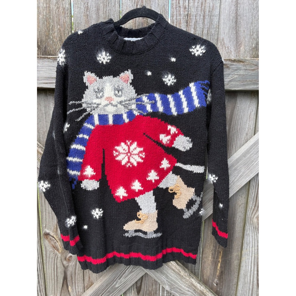 Northern Isles Vintage Silk Angora Hand Embroidered Ice Skating Cat Sweater S